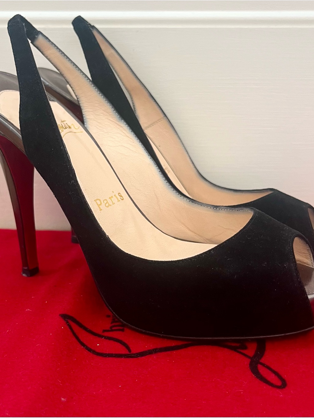Christian Louboutin Black Suede Peep-Toe Slingback Heels Size Us 7/Eu 37